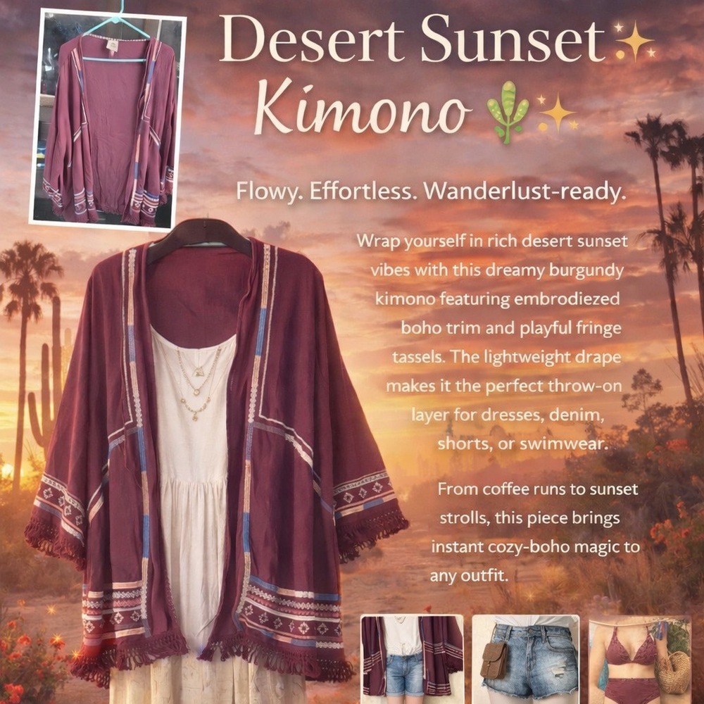 Knox Rose Desert Sunset Kimono Burgundy Boho Embroidered Fringe Tassel Small